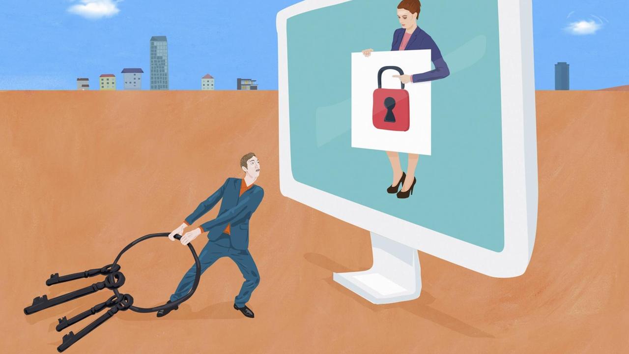 Illustration: Ein Mann kämpft mit Schlüsseln, um auf einen gesperrten Computer zuzugreifen. Auf dem Bildschirm ist eine Frau zu sehen, die das Schloss in den Händen hält. Illustration: Ein Mann kämpft mit Schlüsseln, um auf einen gesperrten Computer zuzugreifen. Auf dem Bildschirm ist eine Frau zu sehen, die das Schloss in den Händen hält.