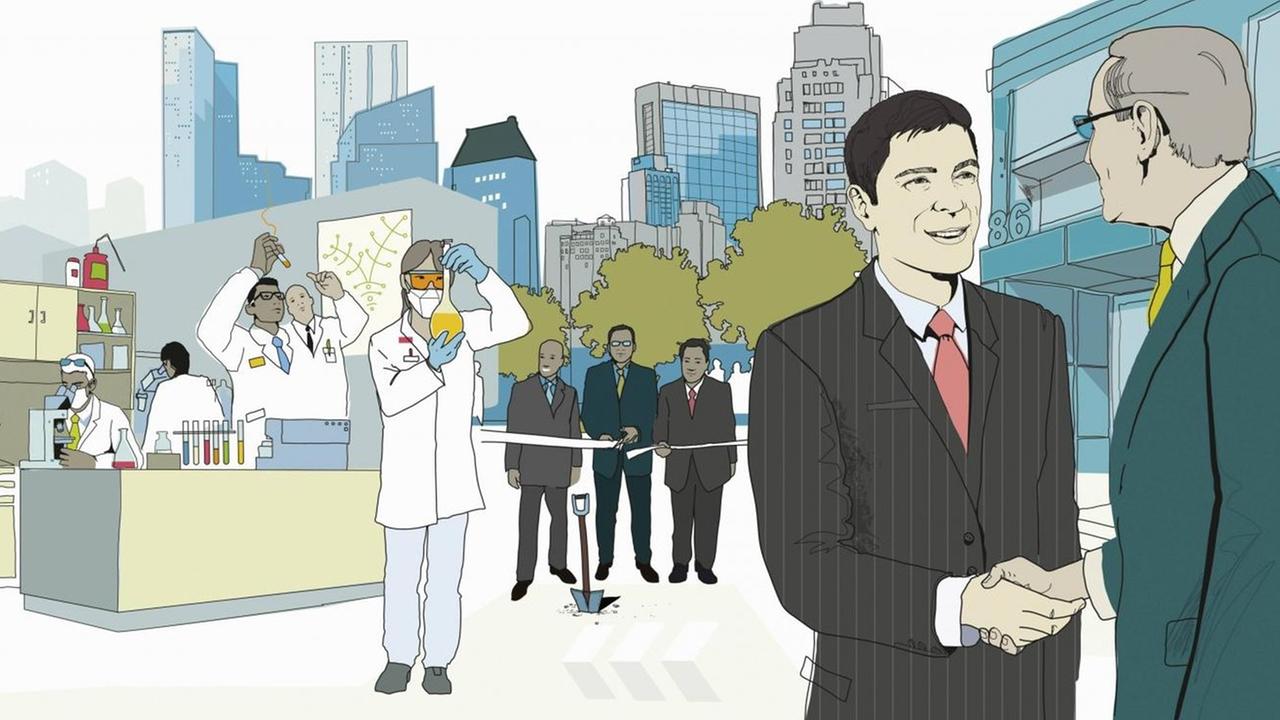 Eine Illustration zeigt Unternehmer und Wissenschaftler. Eine Illustration zeigt Unternehmer und Wissenschaftler.