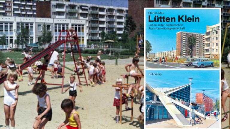 Cover des Sachbuchs "Lütten Klein. Leben in der ostdeutschen Transformationsgesellschaft" vor dem Bild des Außengeländes eines Kindergartens in der DDR Cover des Sachbuchs "Lütten Klein. Leben in der ostdeutschen Transformationsgesellschaft" vor dem Bild des Außengeländes eines Kindergartens in der DDR