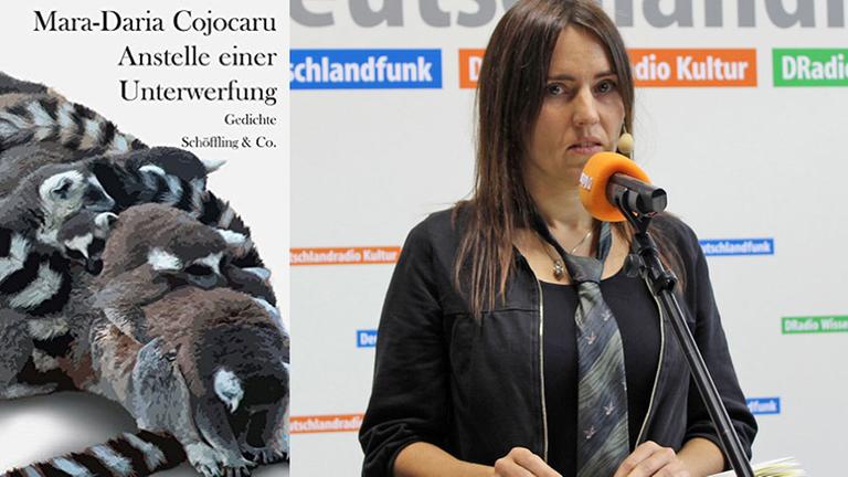 Links das Buchcover von Mara-Daria Cojocarus "Anstelle einer Unterwerfung", rechts die Autorin bei der Frankfurter Buchmesse 2016 Links das Buchcover von Mara-Daria Cojocarus "Anstelle einer Unterwerfung", rechts die Autorin bei der Frankfurter Buchmesse 2016