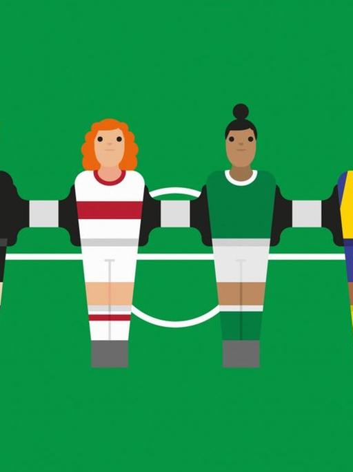 Illustration eines Tischkickers mit grünem Spielfeld und paritätische besetzten Figuren auf dem Spielfeld.