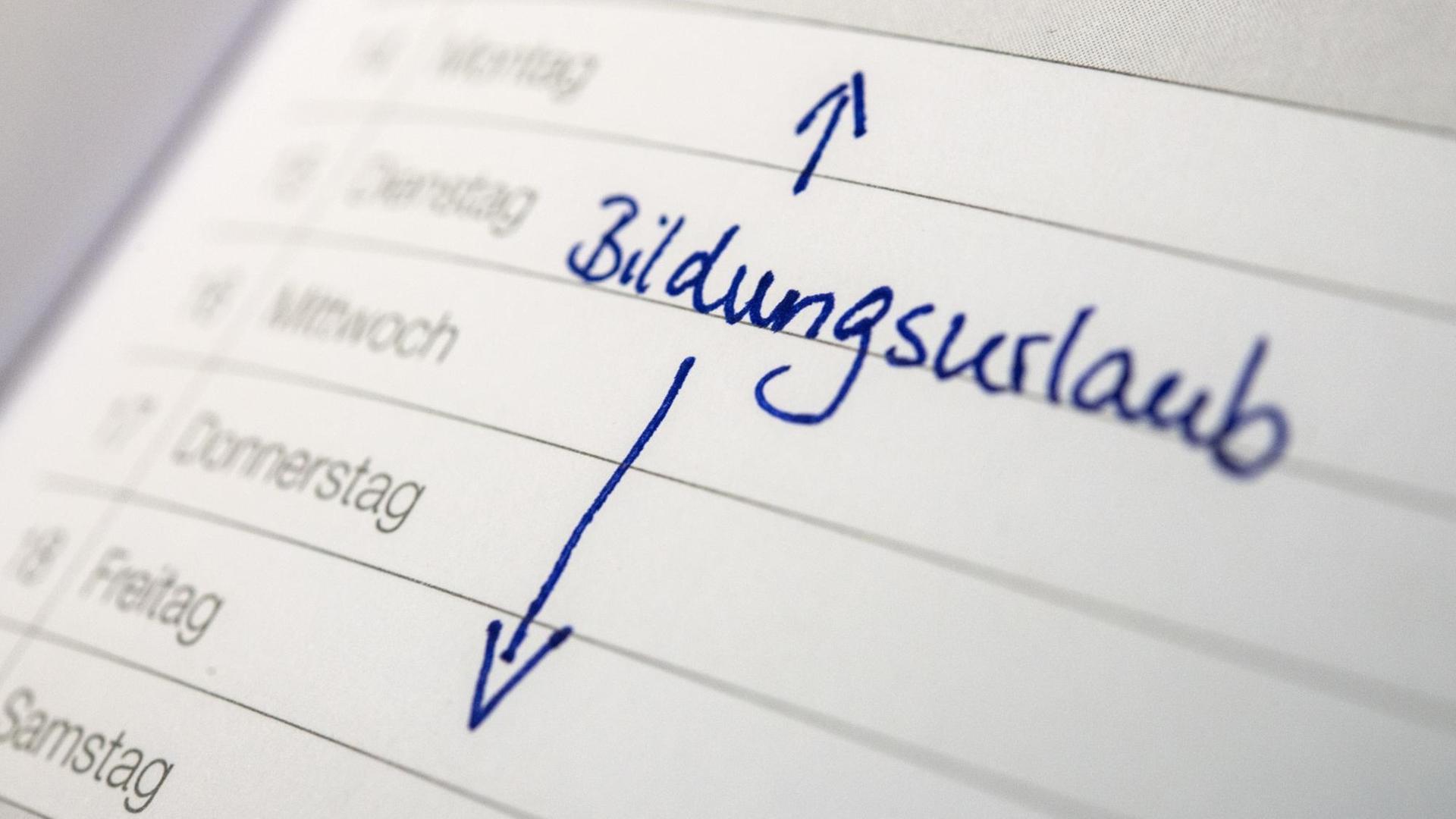 Das Wort Bildungsurlaub steht in einem Kalender. Das Wort Bildungsurlaub steht in einem Kalender.
