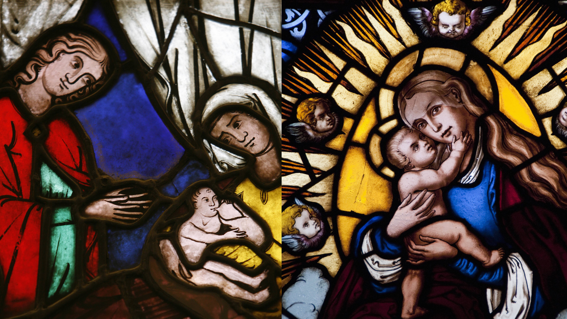 Bildkombo aus Glasmalereien mit biblischen Motiven. Links: Sarah gebärt ihren Sohn Isaak in Anwesenheit ihres Mannes Abraham. Rechts: Die Jungfrau Maria mit ihrem neugeborenen Sohn Jesus von Nazaret. Glassmalerei in Passau. Bildkombo aus Glasmalereien mit biblischen Motiven. Links: Sarah gebärt ihren Sohn Isaak in Anwesenheit ihres Mannes Abraham. Rechts: Die Jungfrau Maria mit ihrem neugeborenen Sohn Jesus von Nazaret. Glassmalerei in Passau.