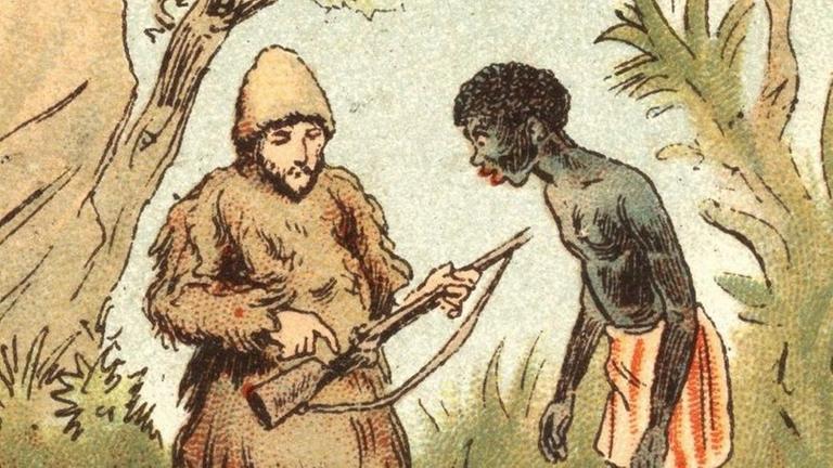 Ein undatiertes Sammelbild: Robinson Crusoe weiht Freitag in den Gebrauch von Feuerwaffen ein. Ein undatiertes Sammelbild: Robinson Crusoe weiht Freitag in den Gebrauch von Feuerwaffen ein.