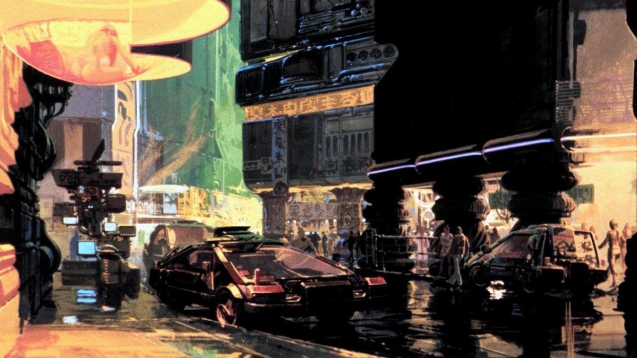 Production Design Artwork zum Film "Blade Runner": Futuristische Straßenkulisse mit Autos