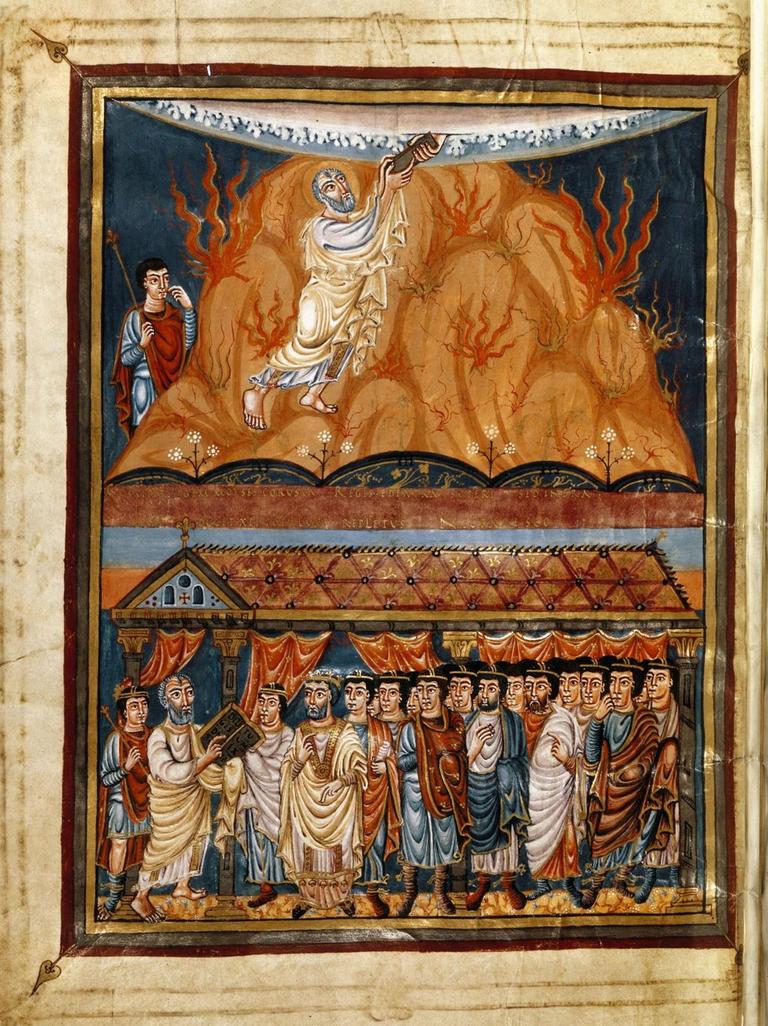 Oben: Moses empfängt die Zehn Gebote auf dem Berg Sinai. Unten: Moses erklärt die Zehn Gebote dem Volk Israel.
Illustration aus der Bibel von Karl dem Kahlen 845-846, Bibliothèque Nationale de France Oben: Moses empfängt die Zehn Gebote auf dem Berg Sinai. Unten: Moses erklärt die Zehn Gebote dem Volk Israel.
Illustration aus der Bibel von Karl dem Kahlen 845-846, Bibliothèque Nationale de France