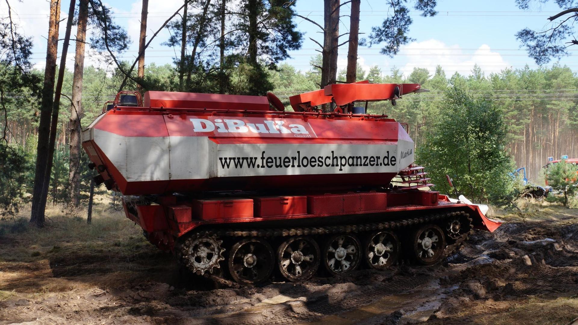 Ein Löschpanzer fährt durch ein Waldgebiet in Brandenburg. Ein Löschpanzer fährt durch ein Waldgebiet in Brandenburg.