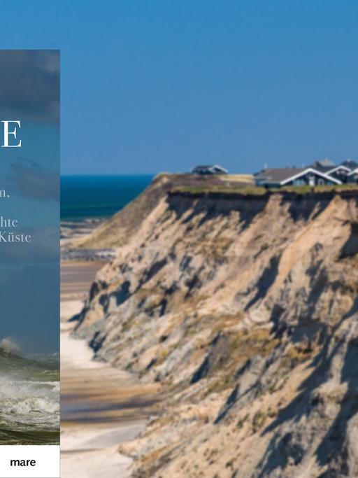 Cover des Buchs "Die Nordsee. Landschaften, Menschen und Geschichte einer rauen Küste" von Tom Blass vor dem Hintergrund einer Steilküste mit Häusern in Dänemark