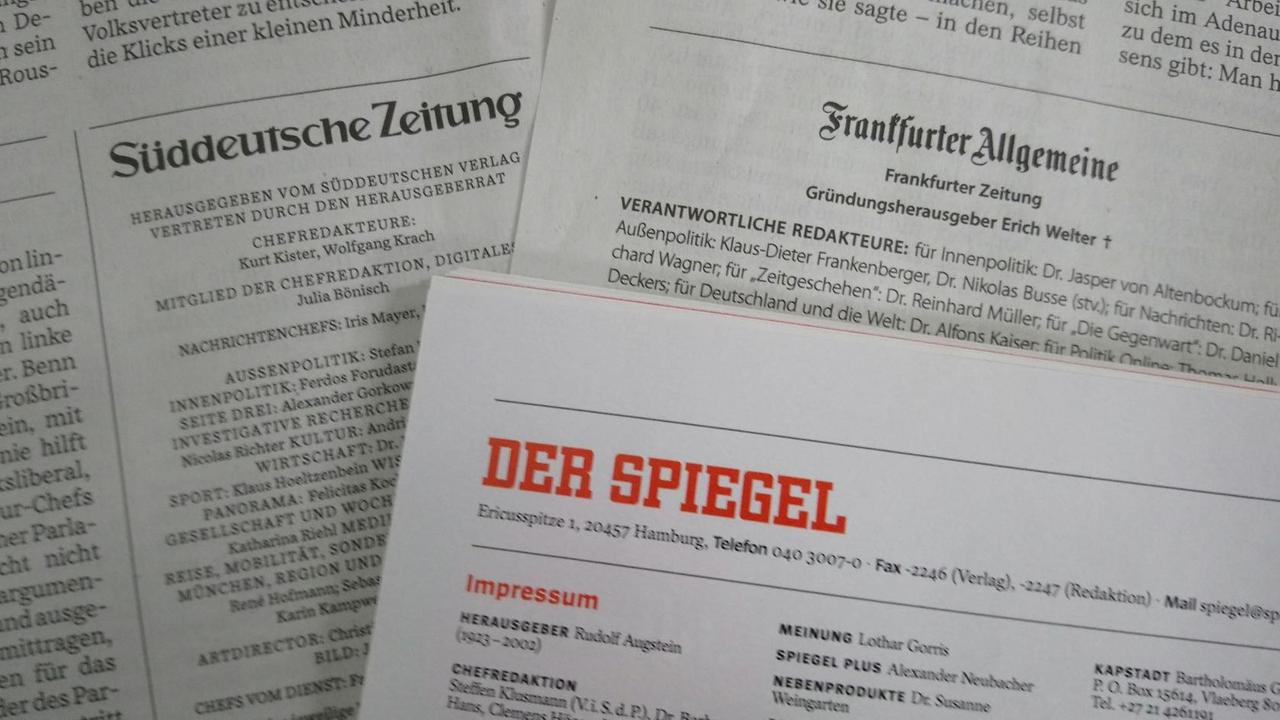 Die Impressen von Süddeutscher Zeitung, Frankfurter Allgemeiner Zeitung und Spiegel. Die Impressen von Süddeutscher Zeitung, Frankfurter Allgemeiner Zeitung und Spiegel.
