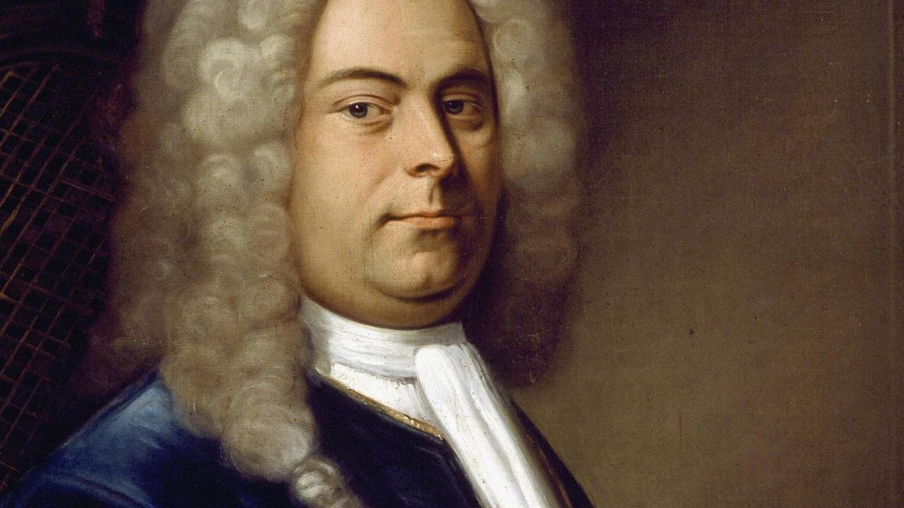 Undatiertes Porträt von Georg Friedrich Händel im Civico Museo Bibliografico Musicale Bologna, das den Komponisten mit der typischen, langen Lockenperrücke der Zeit und dunkelblauer Samtjacke zeigt.
