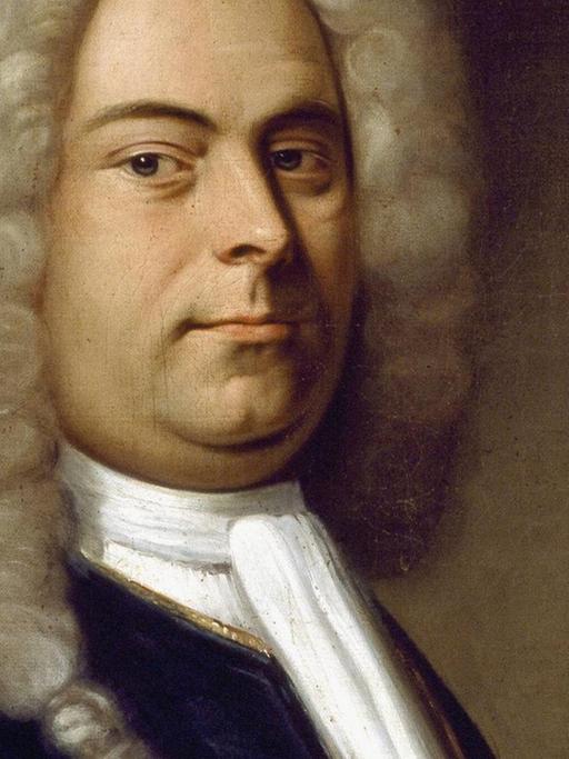 Undatiertes Porträt von Georg Friedrich Händel im Civico Museo Bibliografico Musicale Bologna, das den Komponisten mit der typischen, langen Lockenperrücke der Zeit und dunkelblauer Samtjacke zeigt.
