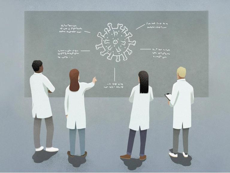 Illustration: Wissenschaftler diskutieren an einer Tafel das Coronavirus COVID-19.
