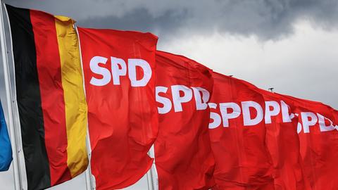 Fahnen der SPD wehen im Wind