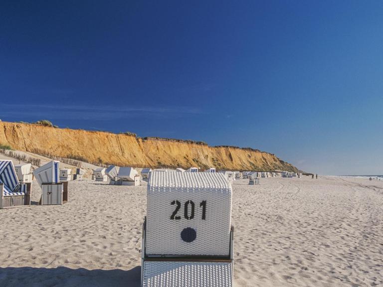 Strandkörbe stehen auf dem Strand von Wenningstedt.