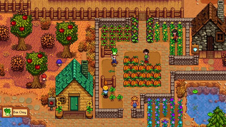 Szene aus dem Gärtnerspiel "Stardew Valley". Ein animierte Gärtner und Gärtnerinnen spazieren in ihren Beten umher. Szene aus dem Gärtnerspiel "Stardew Valley". Ein animierte Gärtner und Gärtnerinnen spazieren in ihren Beten umher.