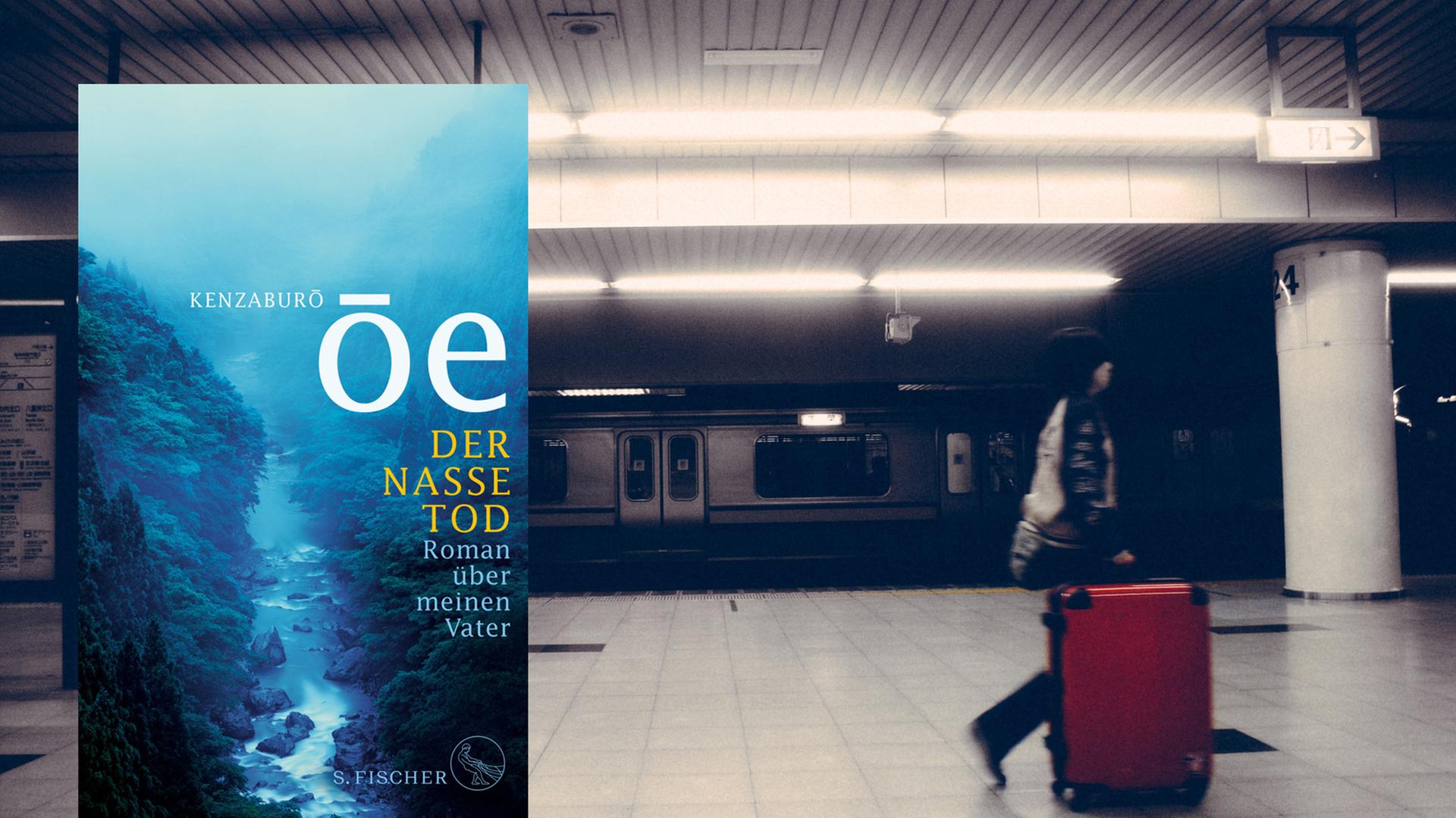 Cover von Kenzaburō Ōe: "Der nasse Tod" vor einer Aufnahme aus der U-Bahn in Tokio mit einem roten Koffer. Cover von Kenzaburō Ōe: "Der nasse Tod" vor einer Aufnahme aus der U-Bahn in Tokio mit einem roten Koffer.