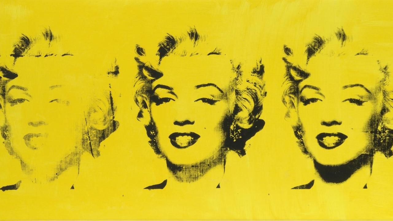 Drei Schwarzweiß-Kopien eines Andy Warhol-Drucks von Marilyn Monroe auf gelbem Papier. Drei Schwarzweiß-Kopien eines Andy Warhol-Drucks von Marilyn Monroe auf gelbem Papier.