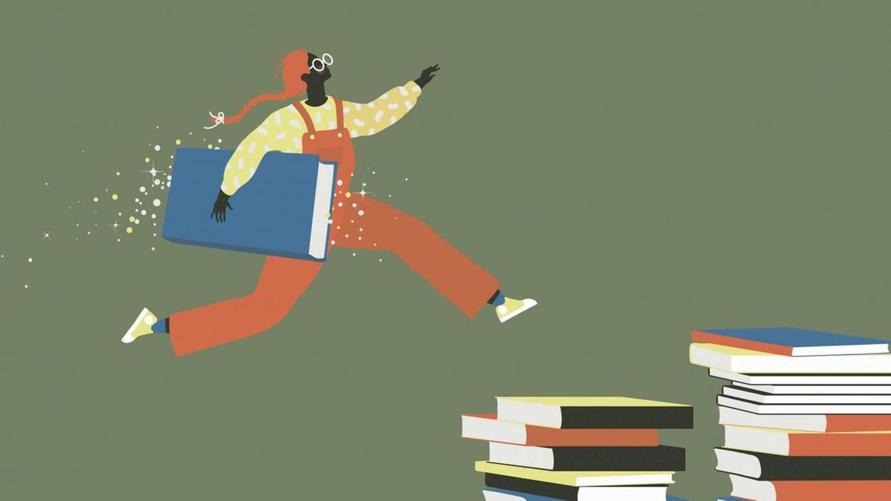 Illustration: Eine Frau mit einem Buch unter dem Arm rennt eine Buchtreppe hinauf. Illustration: Eine Frau mit einem Buch unter dem Arm rennt eine Buchtreppe hinauf.