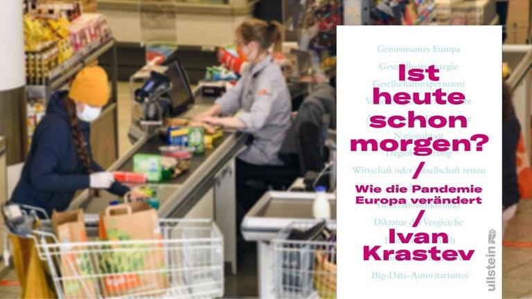 Hintergrundbild: Kassiererinnen mit Schutzmasken in einem Supermarkt in Jena. Vordergrund: Buchcover