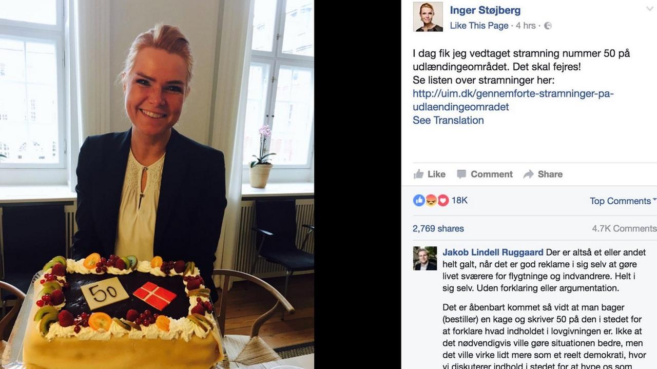Ein Facebook-Post der dänischen Integrationsministerin Inger Støjberg auf dem sie mit einer Torte die 50. Verschärfung im Ausländerrecht feiert. Ein Facebook-Post der dänischen Integrationsministerin Inger Støjberg auf dem sie mit einer Torte die 50. Verschärfung im Ausländerrecht feiert.