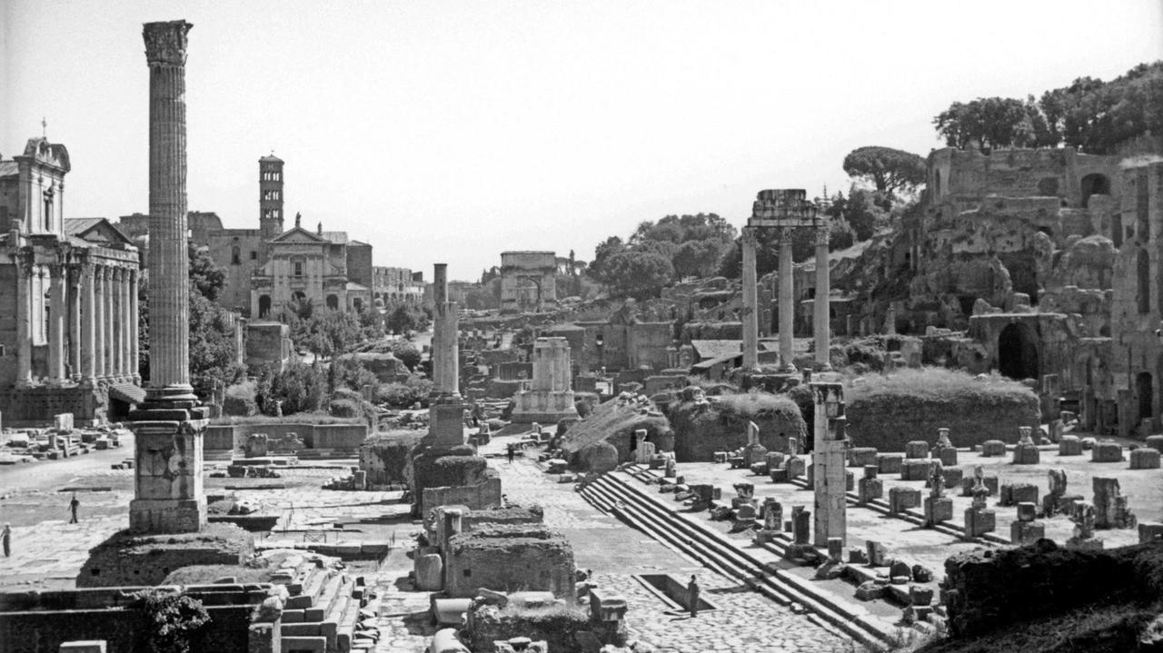 Ein Schwarz-Weiß-Foto von 1935 zeigt den Blick über das Forum Romanum nach Osten; im Vordergrund die Phokas- Säule; im Mittelgrund von links Tempel des Antoninus und der Faustina, Vesta-Tempel und Dioskuren-Tempel; im Hintergrund S. Francesca Romana und Titus-Bogen. Ein Schwarz-Weiß-Foto von 1935 zeigt den Blick über das Forum Romanum nach Osten; im Vordergrund die Phokas- Säule; im Mittelgrund von links Tempel des Antoninus und der Faustina, Vesta-Tempel und Dioskuren-Tempel; im Hintergrund S. Francesca Romana und Titus-Bogen.