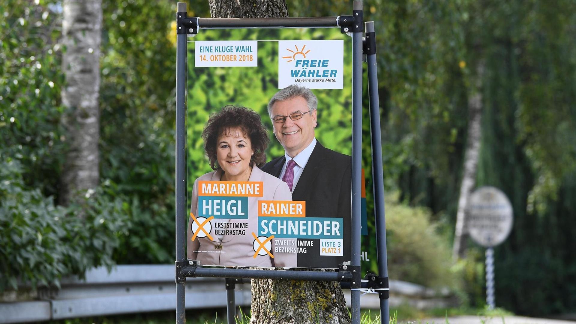 Das Wahlplakat der deutschen Kleinpartei Freie Wähler zeigt die Kandidaten Marianne Heigl und Rainer Schneider Das Wahlplakat der deutschen Kleinpartei Freie Wähler zeigt die Kandidaten Marianne Heigl und Rainer Schneider