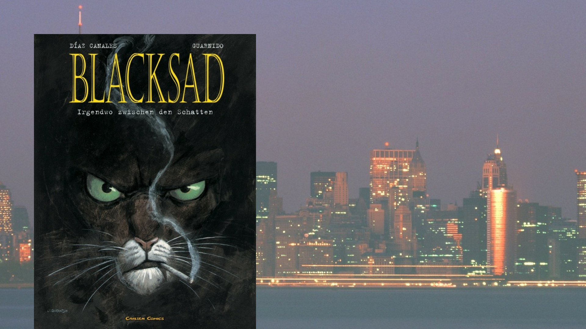 Cover von "Blacksad", im Hintergrund New York City Cover von "Blacksad", im Hintergrund New York City