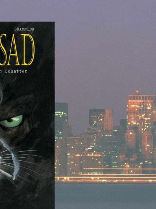 Cover von "Blacksad", im Hintergrund New York City