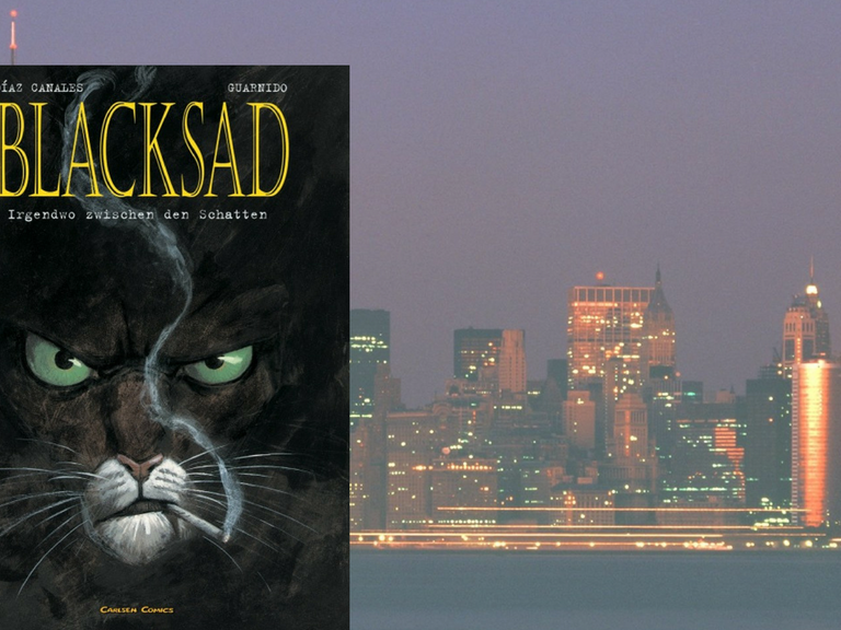 Cover von "Blacksad", im Hintergrund New York City