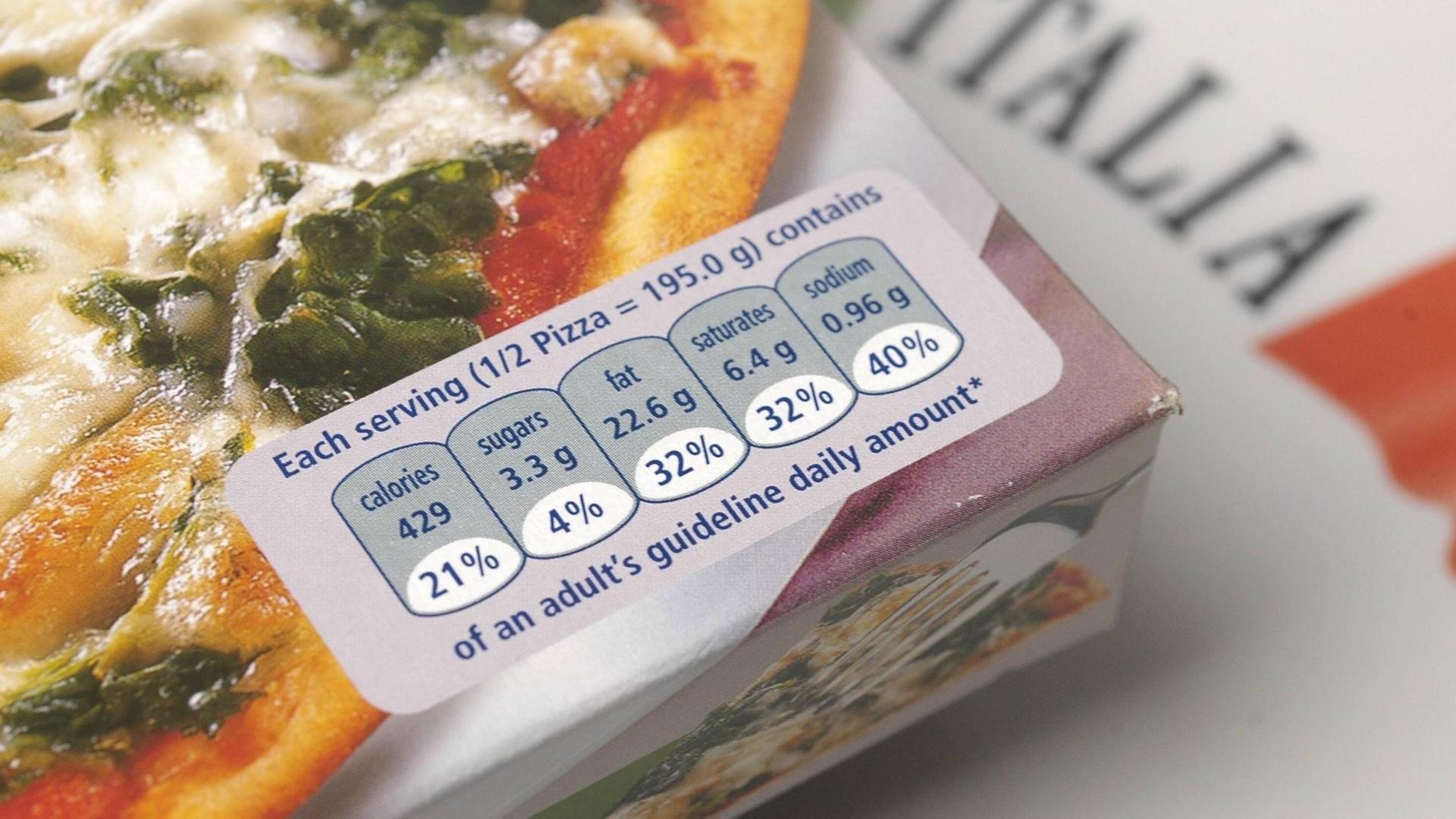 Kalorien- und Nährwertangaben auf der Verpackung einer Fertigpizza Kalorien- und Nährwertangaben auf der Verpackung einer Fertigpizza
