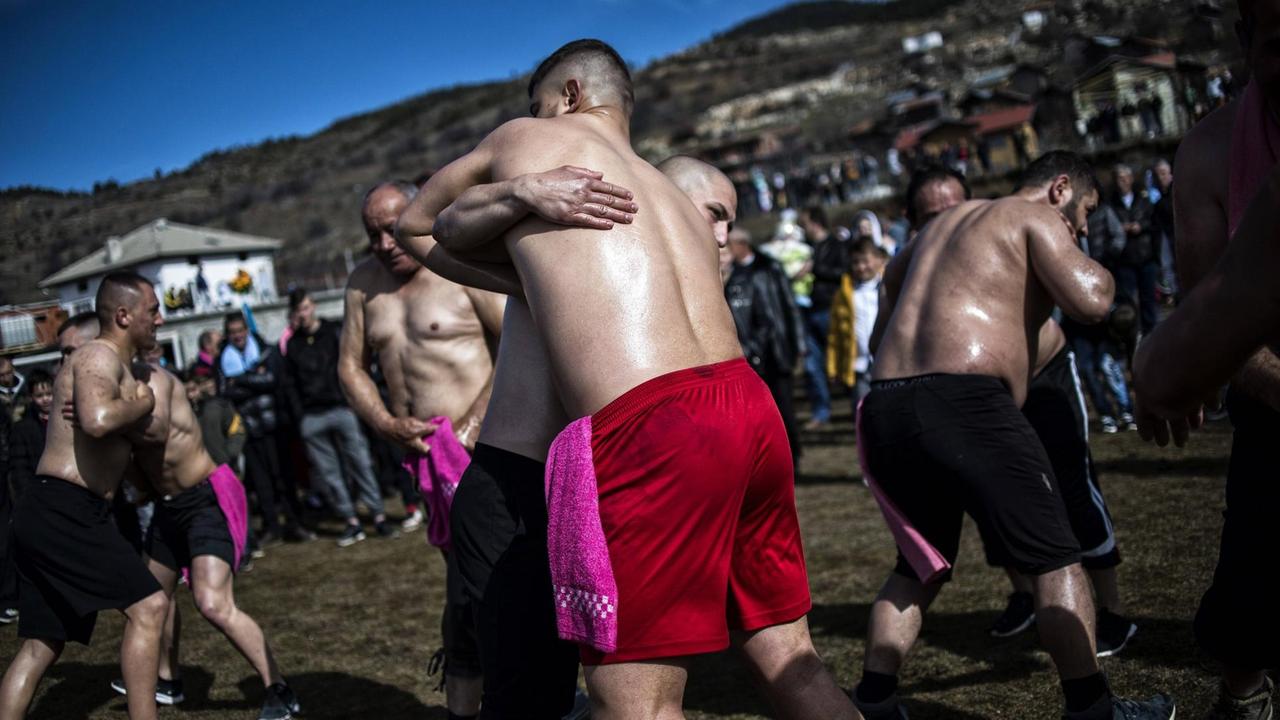 February 23, 2020, Ribnovo, Bulgaria: Bulgarian Muslim men take part in demonstration of oil wrestling as part of a ritual during a mass circumcision ceremony in the village of Ribnovo, some 200 km from Sofia, Bulgaria, 23 February 2020. The full celebration lasts 4 days before the actual ritual take place. After the fall of communism this and many other Muslim rituals have been observed by the ethnic Turkish minority as well as by the Pomaks in the Balkan countries. Ribnovo Bulgaria PUBLICATIONxINxGERxSUIxAUTxONLY - ZUMAt149 20200223zipt149007 Copyright: xBorislavxTroshevx