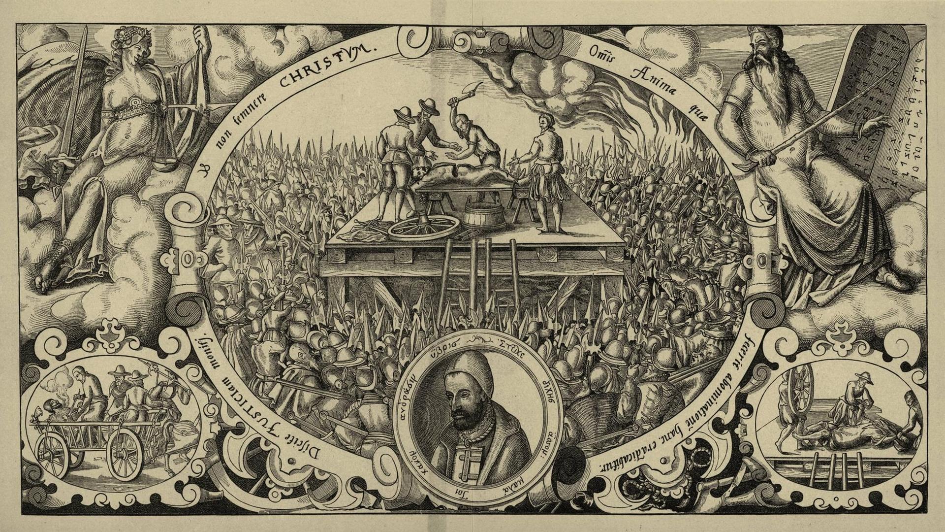 Lippold Ben Chluchim, jüd. Münzmeister und Berater des Kurfürsten Joachims II. Hektor von Brandenburg; wegen angeblicher Zauberei in Berlin hingerichtet; 1530 Prag - 28.1.1573 Berlin. - Bildnis und Hinrichtung Lippolds. - Kupferstich, zeitgenössisch, Berlin (Offizin Leonhardt Thurneyssers im Grauen Kloster). | Lippold Ben Chluchim, jüd. Münzmeister und Berater des Kurfürsten Joachims II. Hektor von Brandenburg; wegen angeblicher Zauberei in Berlin hingerichtet; 1530 Prag - 28.1.1573 Berlin. - Bildnis und Hinrichtung Lippolds. - Kupferstich, zeitgenössisch, Berlin (Offizin Leonhardt Thurneyssers im Grauen Kloster). |
