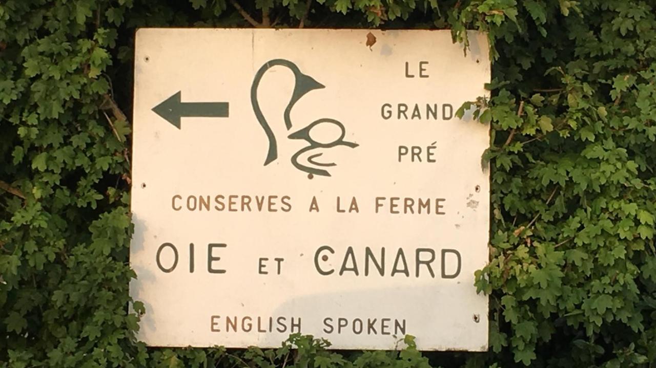 Schild Gänseaufzucht "Le Grand Pré" im Périgord, Zusatz "English spoken" Schild Gänseaufzucht "Le Grand Pré" im Périgord, Zusatz "English spoken"