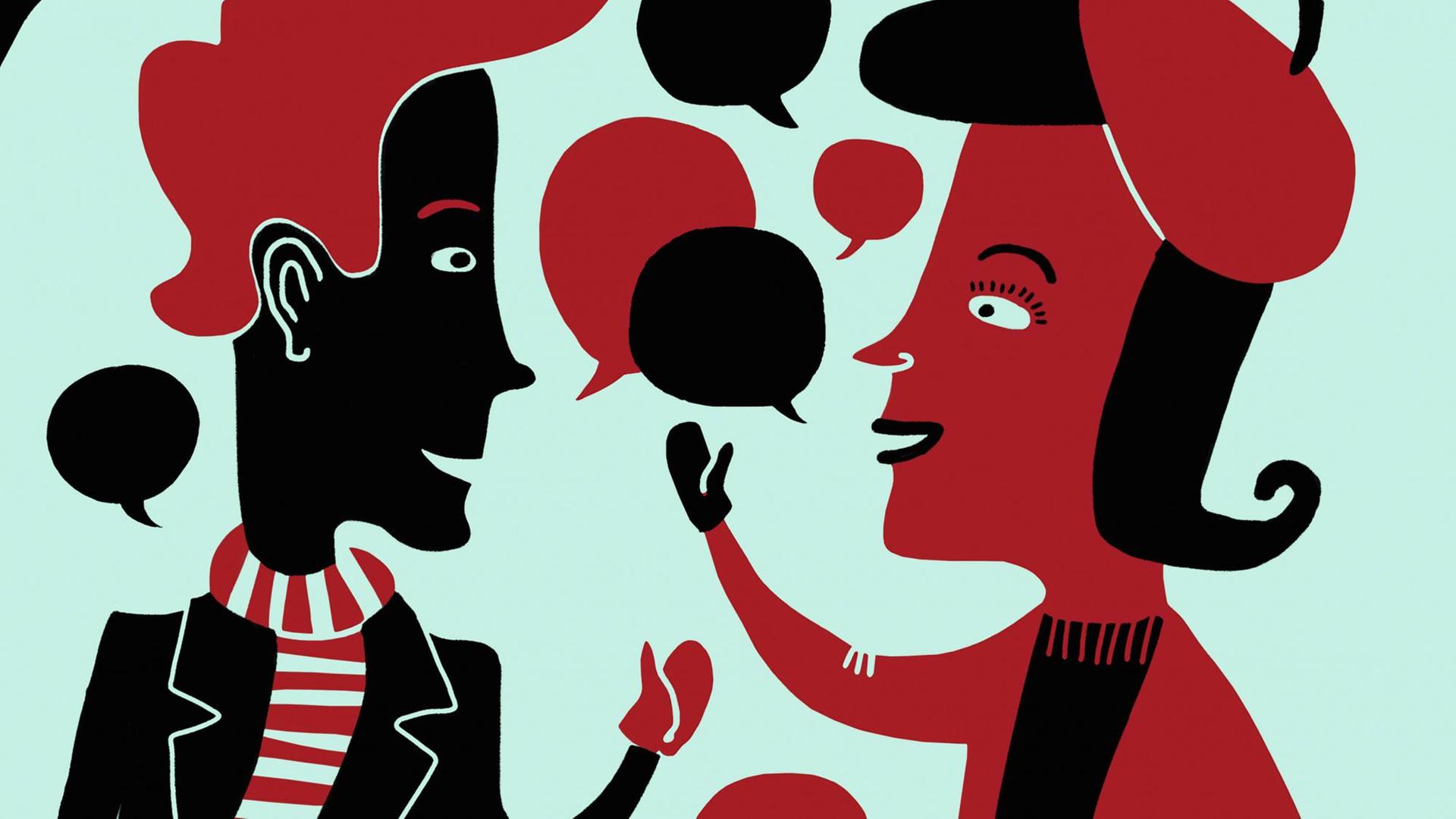 Eine fröhliche Frau und ein fröhlicher Mann sind im Gespräch, zwischen ihnen fliegen Sprechblasen. (Illustration in rot und schwarz) Eine fröhliche Frau und ein fröhlicher Mann sind im Gespräch, zwischen ihnen fliegen Sprechblasen. (Illustration in rot und schwarz)