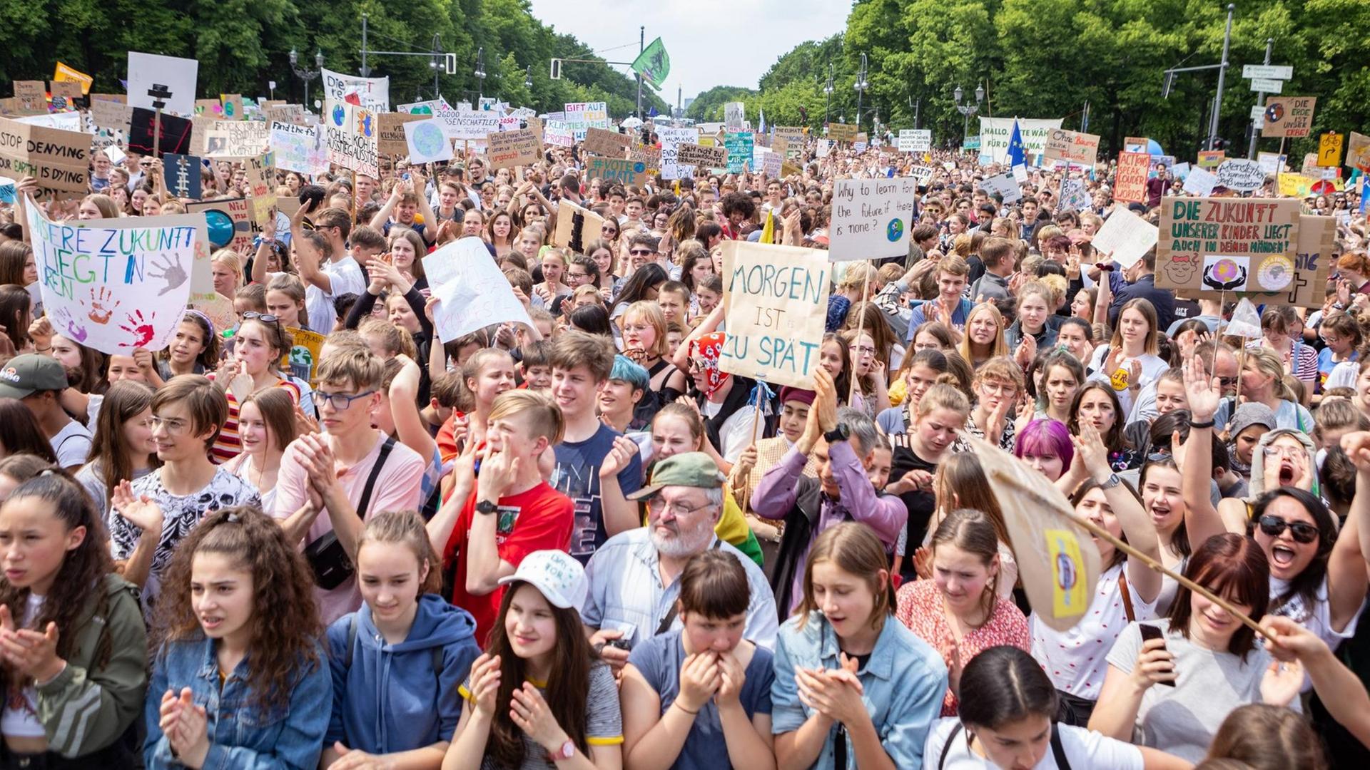 Mehrere tausend Schüler*Innen demonstrieren im Berliner Tiergarten nahe dem Brandenburger Tor für eine andere Klimapolitik