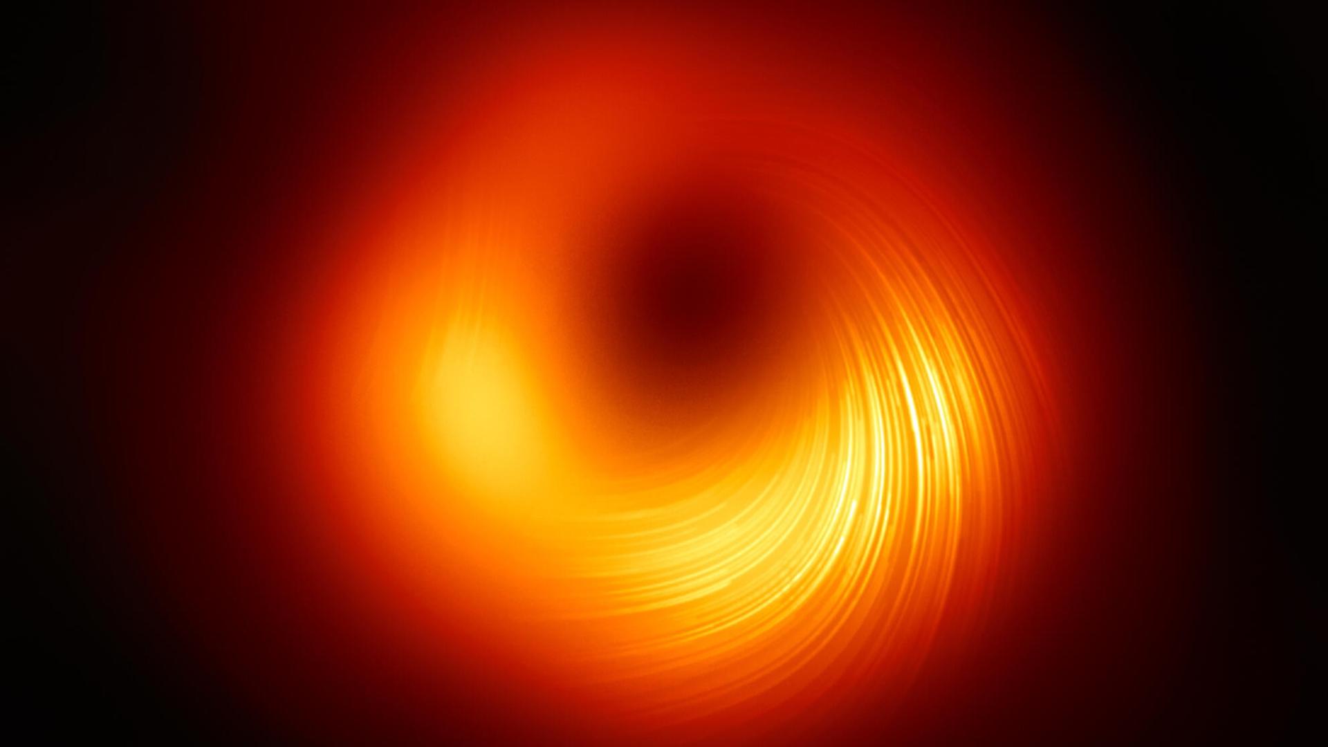 Das Bild des "Schattens" des Schwarzen Lochs im Zentrum der Galaxie M87 mit eingezeichneten Polarisations-"Feldlinien".