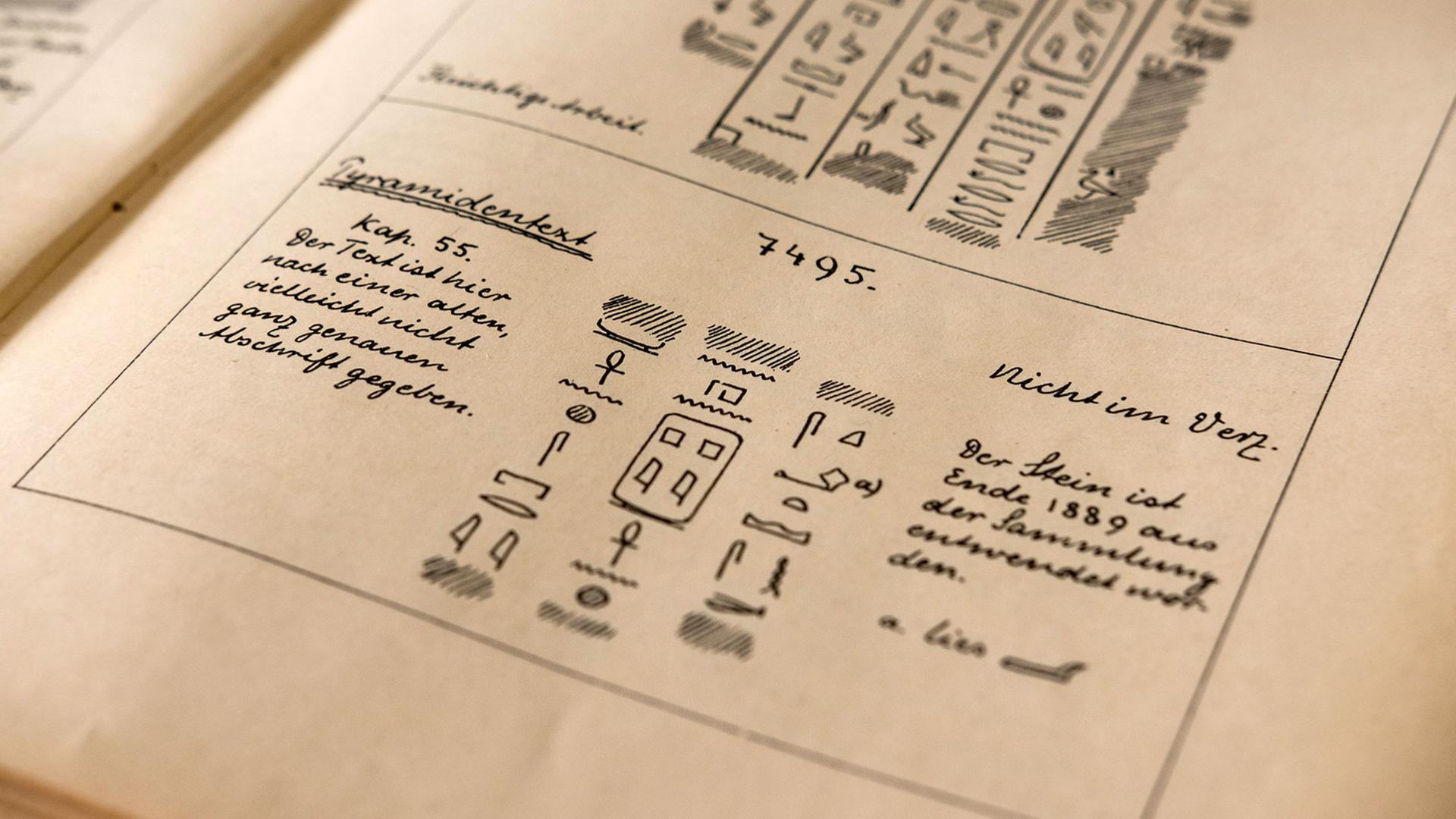 Abschrift Pyramidenfragment 7495. Aegyptische Inschriften aus den Königlichen Museen zu Berlin, hg. v. der Generalverwaltung, Erster Band: Inschriften von der Ältesten Zeit bis zum Ende der Hyksoszeit, Leipzig 1913. Universitätsbibliothek der Freien Universität Berlin, Ägyptologisches Institut, Sign. EO 2390 R712-1. Abschrift Pyramidenfragment 7495. Aegyptische Inschriften aus den Königlichen Museen zu Berlin, hg. v. der Generalverwaltung, Erster Band: Inschriften von der Ältesten Zeit bis zum Ende der Hyksoszeit, Leipzig 1913. Universitätsbibliothek der Freien Universität Berlin, Ägyptologisches Institut, Sign. EO 2390 R712-1.