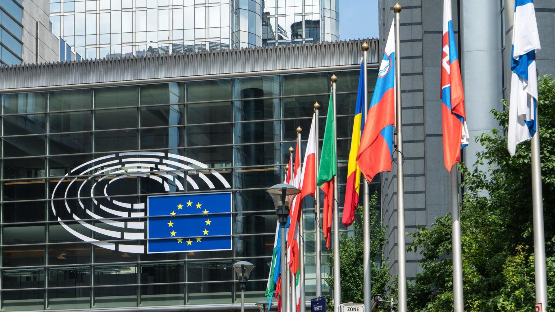 Flaggen vor dem Europäischen Parlaments in Brüssel, mit Blick von der Rue Wiertz.