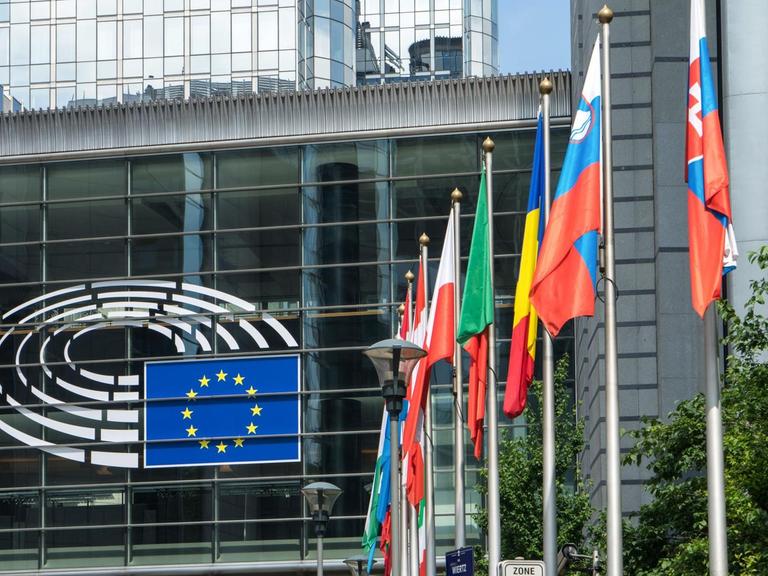 Flaggen vor dem Europäischen Parlaments in Brüssel, mit Blick von der Rue Wiertz.