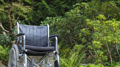 Ein Rollstuhl steht in einer Grünanlage.