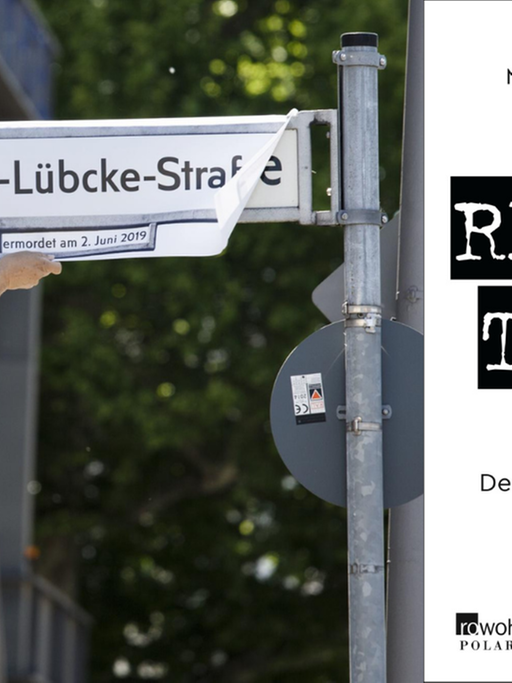 Das Buchcover von Martín Steinhagen: "Rechter Terror" vor einem Straßenschild "Walter-Lübcke-Strasse"