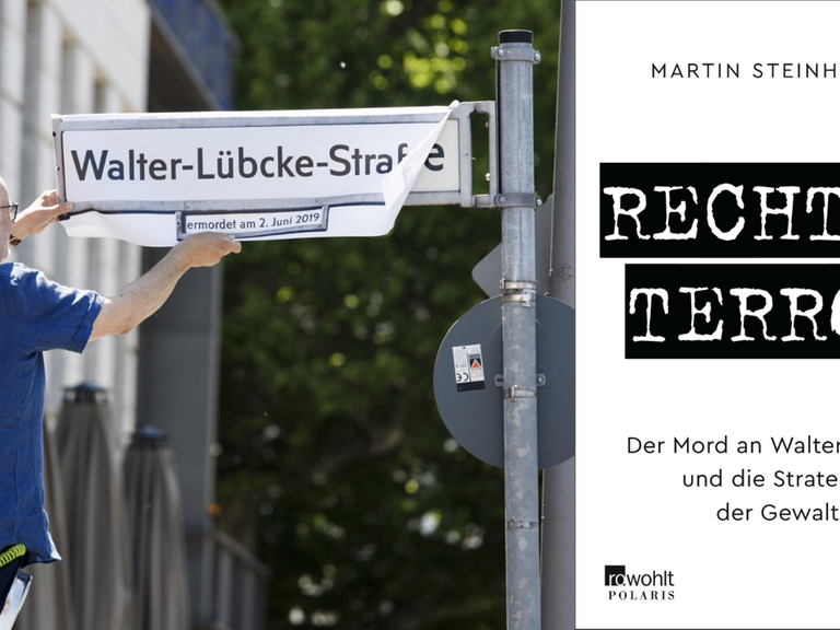 Das Buchcover von Martín Steinhagen: "Rechter Terror" vor einem Straßenschild "Walter-Lübcke-Strasse"