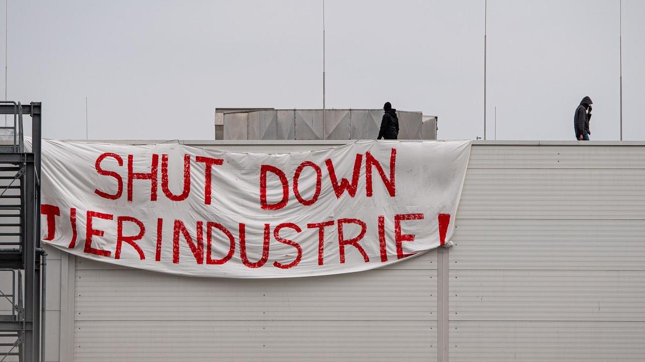Aktivisten auf dem Dach des Fleischbetriebs Tönnies in Rheda-Wiedenbrück. Aktivisten auf dem Dach des Fleischbetriebs Tönnies in Rheda-Wiedenbrück.