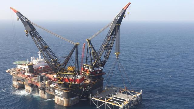 Israel, Mittelmeer: Eine Ölplattform im Leviathan-Erdgasfeld im Mittelmeer vor der israelischen Küste.