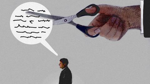 Zu sehen ist eine Graphik: Eine Hand mit Schere zerschneidet Wörter in einer Sprechblase. Darunter steht ein Mensch.