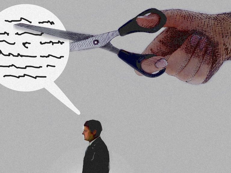 Zu sehen ist eine Graphik: Eine Hand mit Schere zerschneidet Wörter in einer Sprechblase. Darunter steht ein Mensch.