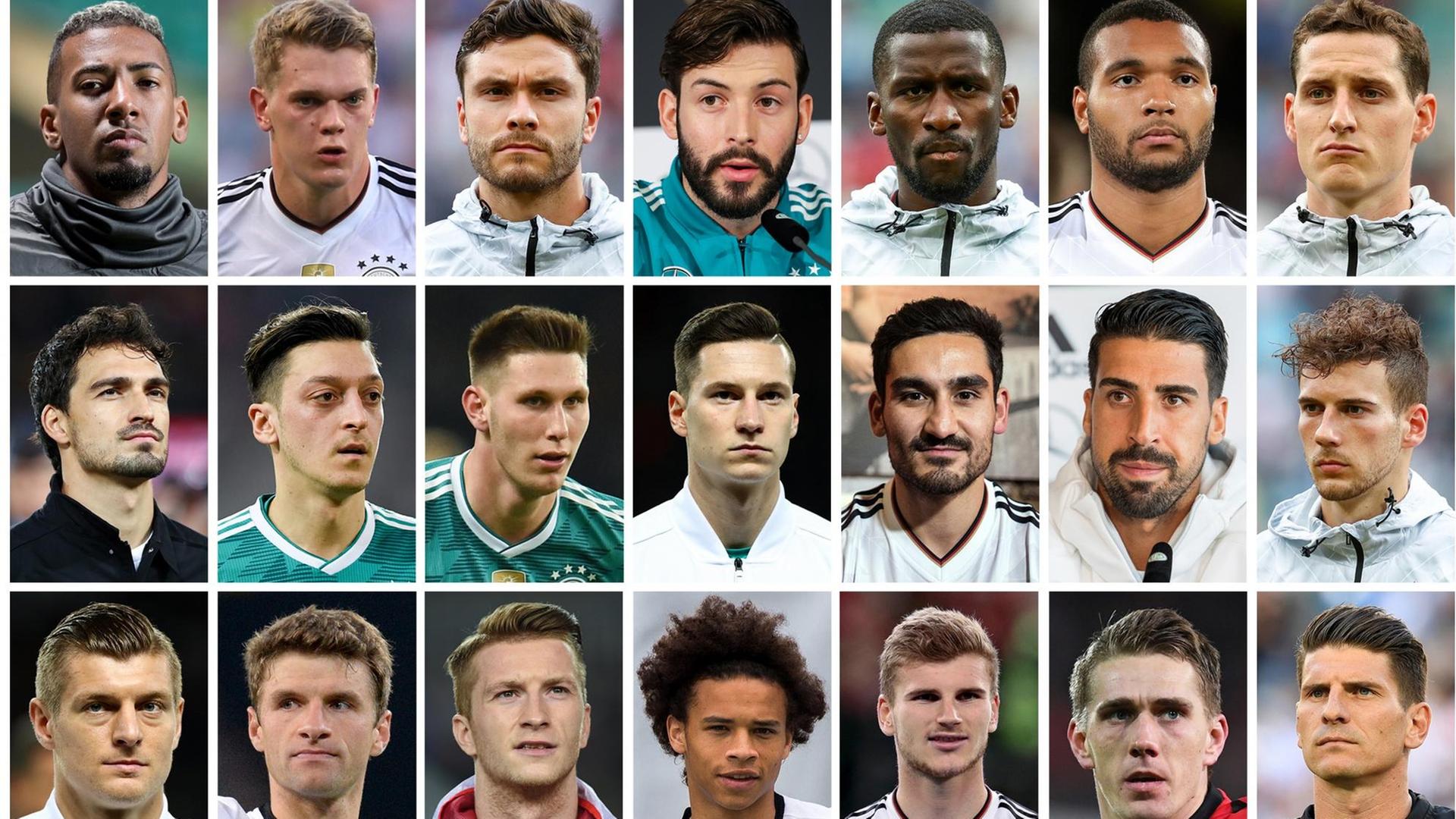 Das Bild zeigt den vorläufigen Kader der Deutschen Fußball-Nationalmannschaft für die Fußball WM in Russland. (Obere Reihe v.l) Joachim Löw, Bundestrainer, Kevin Trapp, Manuel Neuer, Marc-Andre ter Stegen, Bernd Leno, Joshua Kimmich und Julian Brandt. (Zweite Reihe v.l) Jerome Boateng, Matthias Ginter, Jonas Hector, Marvin Plattenhardt, Antonio Rüdiger, Jonathan Tah und Sebastian Rudy. (Dritte Reihe v.l) Mats Hummels, Mesut Özil, Niklas Süle, Julian Draxler, Ilkay Gündogan, Sami Khedira und Leon Goretzka. (Untere Reihe v.l) Toni Kroos, Thomas Müller, Marco Reus, Leroy Sané, Timo Werner, Nils Petersen und Mario Gomez. Das Bild zeigt den vorläufigen Kader der Deutschen Fußball-Nationalmannschaft für die Fußball WM in Russland. (Obere Reihe v.l) Joachim Löw, Bundestrainer, Kevin Trapp, Manuel Neuer, Marc-Andre ter Stegen, Bernd Leno, Joshua Kimmich und Julian Brandt. (Zweite Reihe v.l) Jerome Boateng, Matthias Ginter, Jonas Hector, Marvin Plattenhardt, Antonio Rüdiger, Jonathan Tah und Sebastian Rudy. (Dritte Reihe v.l) Mats Hummels, Mesut Özil, Niklas Süle, Julian Draxler, Ilkay Gündogan, Sami Khedira und Leon Goretzka. (Untere Reihe v.l) Toni Kroos, Thomas Müller, Marco Reus, Leroy Sané, Timo Werner, Nils Petersen und Mario Gomez.