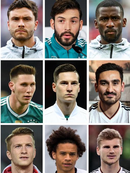 Das Bild zeigt den vorläufigen Kader der Deutschen Fußball-Nationalmannschaft für die Fußball WM in Russland. (Obere Reihe v.l) Joachim Löw, Bundestrainer, Kevin Trapp, Manuel Neuer, Marc-Andre ter Stegen, Bernd Leno, Joshua Kimmich und Julian Brandt. (Zweite Reihe v.l) Jerome Boateng, Matthias Ginter, Jonas Hector, Marvin Plattenhardt, Antonio Rüdiger, Jonathan Tah und Sebastian Rudy. (Dritte Reihe v.l) Mats Hummels, Mesut Özil, Niklas Süle, Julian Draxler, Ilkay Gündogan, Sami Khedira und Leon Goretzka. (Untere Reihe v.l) Toni Kroos, Thomas Müller, Marco Reus, Leroy Sané, Timo Werner, Nils Petersen und Mario Gomez.