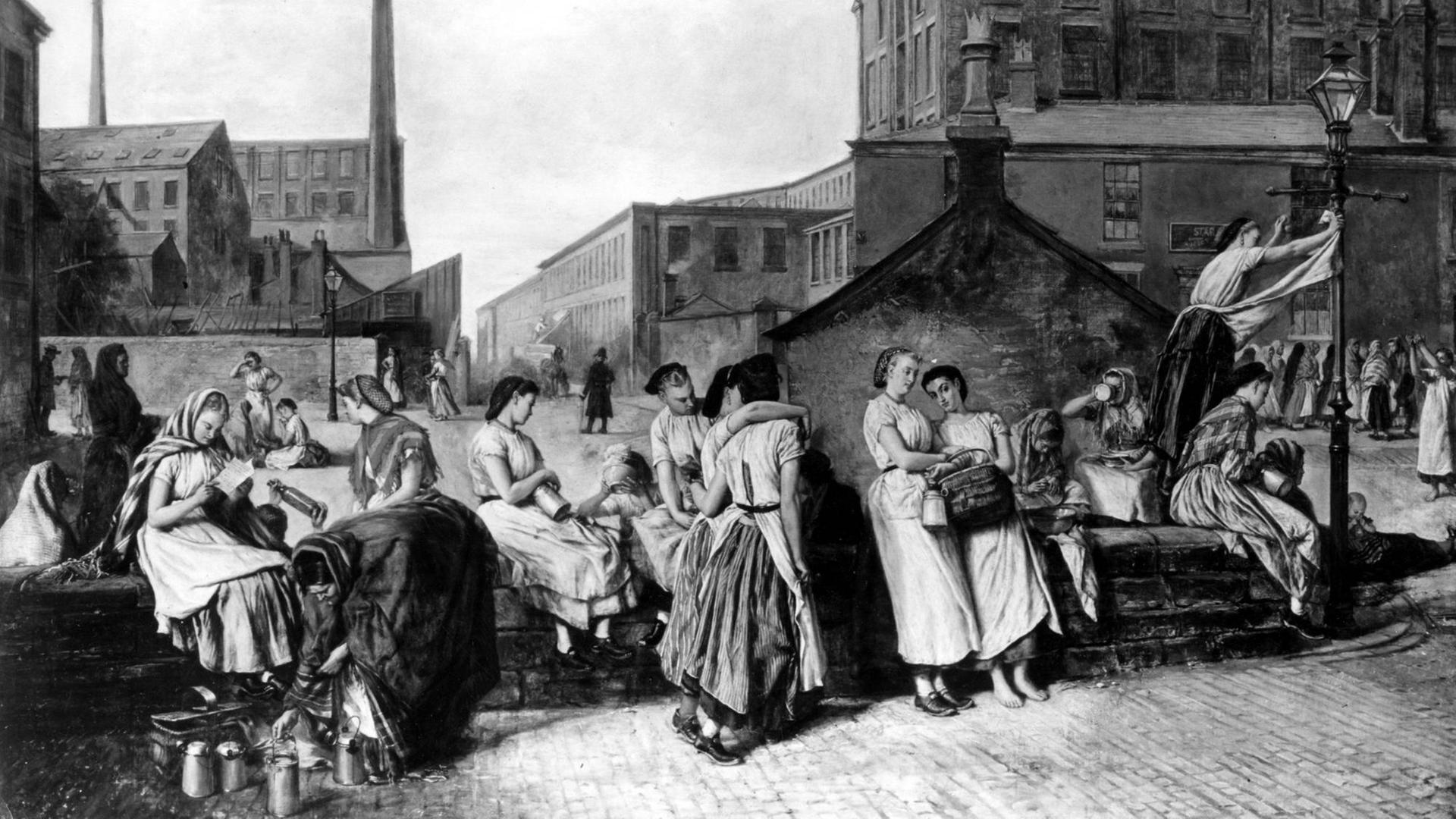 Arbeiterinnen einer Baumwollfabrik beim Abendessent in Wigan, England im Jahr 1874 von dem Künstler Eyre Crowe (1824-1910) Arbeiterinnen einer Baumwollfabrik beim Abendessent in Wigan, England im Jahr 1874 von dem Künstler Eyre Crowe (1824-1910)