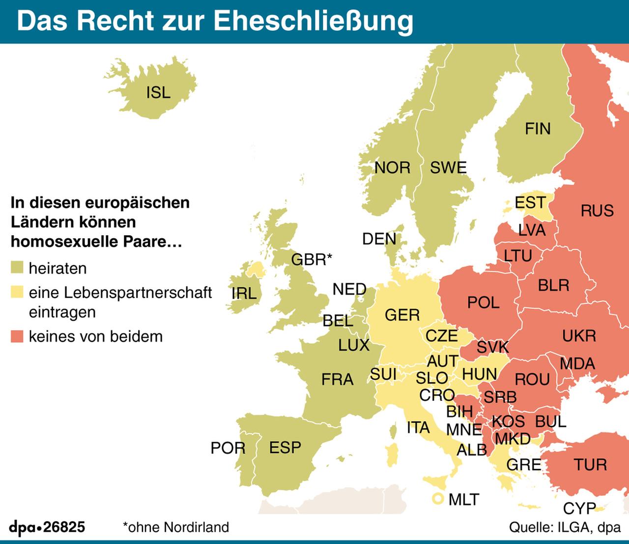 PD-Kanzlerkandidat Martin Schulz will drei Monate vor der Bundestagswahl ein Ja zur Ehe für alle erzwingen und fordert damit seine Kontrahentin Angela Merkel (CDU) heraus. Die SPD werde auf jeden Fall dafür sorgen, dass noch in dieser Woche eine Abstimmung über einen entsprechenden Gesetzentwurf des Bundesrats stattfinden werde, sagte Schulz am Dienstag in Berlin. Er hoffe, dass die Union noch mitziehe. Karte mit den Rechten zur Eheschließung homosexueller Paare in Europa, Querformat 110 x 95 mm, Grafik: A. Brühl, Redaktion: J. Schneider PD-Kanzlerkandidat Martin Schulz will drei Monate vor der Bundestagswahl ein Ja zur Ehe für alle erzwingen und fordert damit seine Kontrahentin Angela Merkel (CDU) heraus. Die SPD werde auf jeden Fall dafür sorgen, dass noch in dieser Woche eine Abstimmung über einen entsprechenden Gesetzentwurf des Bundesrats stattfinden werde, sagte Schulz am Dienstag in Berlin. Er hoffe, dass die Union noch mitziehe. Karte mit den Rechten zur Eheschließung homosexueller Paare in Europa, Querformat 110 x 95 mm, Grafik: A. Brühl, Redaktion: J. Schneider